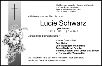 Traueranzeige von Lucie Schwarz von Frankenpost