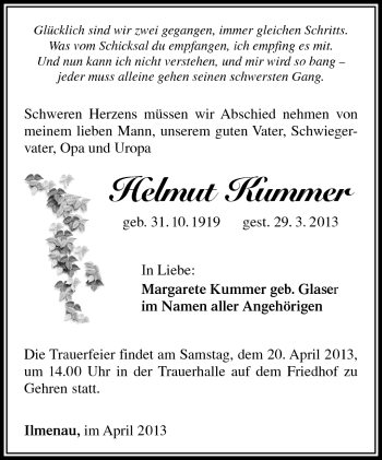 Traueranzeige von Helmut Kummer von Südthüringer Presse