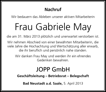 Traueranzeige von Gabriele May von Südthüringer Presse