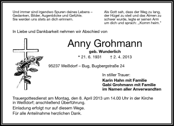 Traueranzeige von Anny Grohmann von Frankenpost