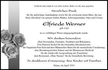 Traueranzeige von eLFRIEDE wERNER von Südthüringer Presse