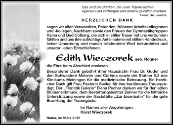 Traueranzeige von Edith Wieczorek von Südthüringer Presse