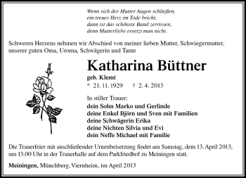 Traueranzeige von Katharina Büttner von Südthüringer Presse