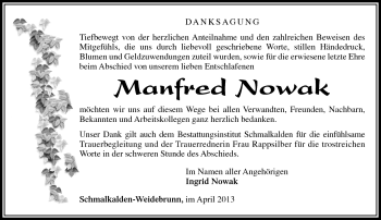 Traueranzeige von Manfred Nowak von Südthüringer Presse