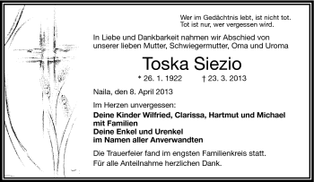Traueranzeige von Toska Sizio von Frankenpost