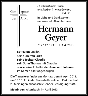 Traueranzeige von Hermann Geyer von Südthüringer Presse