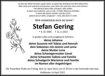 Traueranzeige von Stefan Gering von Südthüringer Presse