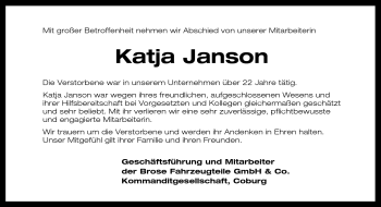 Traueranzeige von Katja Janson von Neue Presse Coburg
