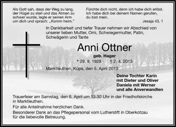 Traueranzeige von Anni Ottner von Frankenpost