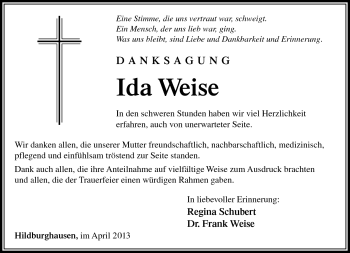 Traueranzeige von Ida Weise von Südthüringer Presse