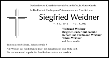 Traueranzeige von Siegfried Weidner von Neue Presse Coburg