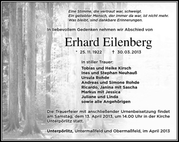 Traueranzeige von Erhard Eilenberg von Südthüringer Presse