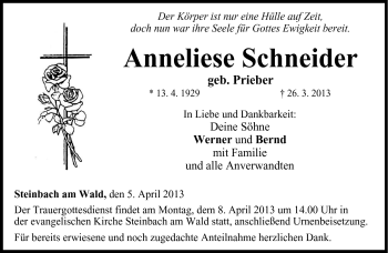 Traueranzeige von Anneliese Schneider von Neue Presse Coburg