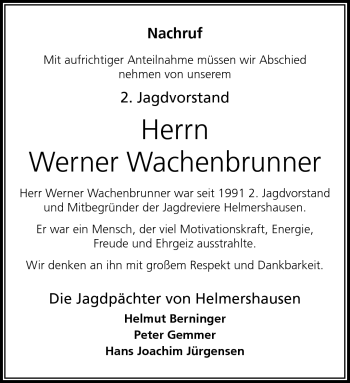 Traueranzeige von Werner Wachenbrunner von Südthüringer Presse