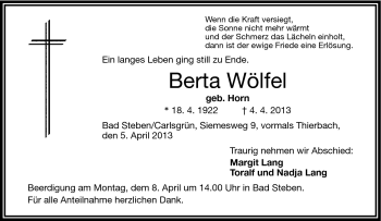 Traueranzeige von Berta Wölfel von Frankenpost