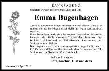 Traueranzeige von Emma Bugenhagen von Südthüringer Presse