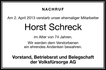 Traueranzeige von Horst Schreck von Frankenpost
