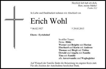Traueranzeige von Erich Wohl von Neue Presse Coburg
