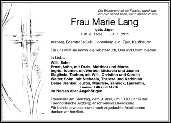 Traueranzeige von Marie Lang von Frankenpost