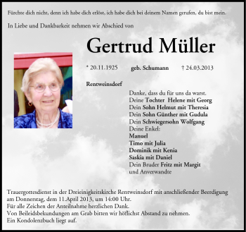 Traueranzeige von Gertrud Müller von Neue Presse Coburg