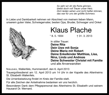 Traueranzeige von Klaus Plache von Neue Presse Coburg