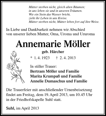 Traueranzeige von Annemarie Möller von Südthüringer Presse
