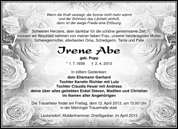 Traueranzeige von Irene Abe von Südthüringer Presse