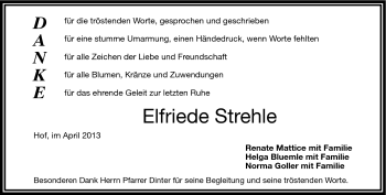 Traueranzeige von Elfriede Strehle von Frankenpost
