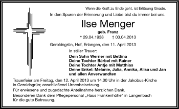 Traueranzeige von Ilse Menger von Frankenpost