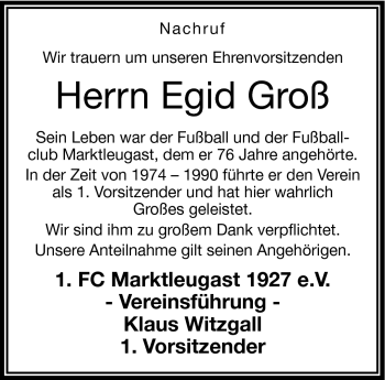 Traueranzeige von Egid Groß von Frankenpost