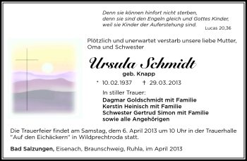 Traueranzeige von Ursula Schmidt von Südthüringer Presse
