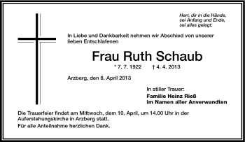 Traueranzeige von Ruth Schaub von Frankenpost