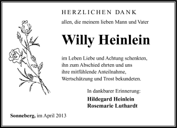 Traueranzeige von Willy Heinlein von Südthüringer Presse