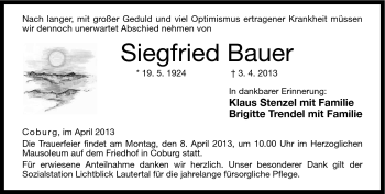 Traueranzeige von Siegfried Bauer von Neue Presse Coburg