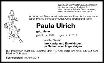 Traueranzeige von Paula Ulrich von Südthüringer Presse