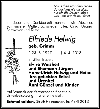Traueranzeige von Elfriede Helwig von Südthüringer Presse
