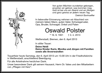 Traueranzeige von Oswald Polster von Frankenpost