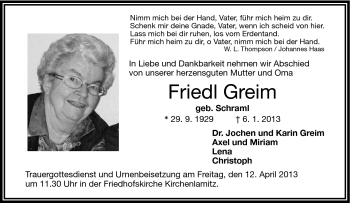 Traueranzeige von Friedl Greim von Frankenpost