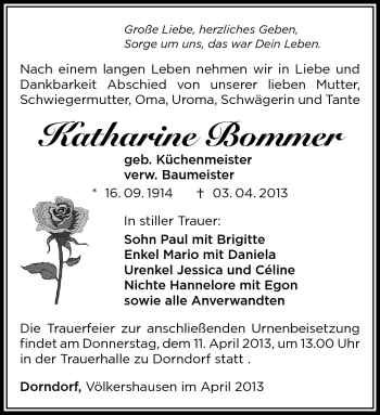 Traueranzeige von Katharine Bommer von Südthüringer Presse