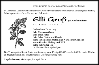 Traueranzeige von Elli Groß von Südthüringer Presse