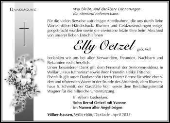 Traueranzeige von Elly Oetzel von Südthüringer Presse