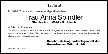 Traueranzeige von Anna Spindler von Neue Presse Coburg