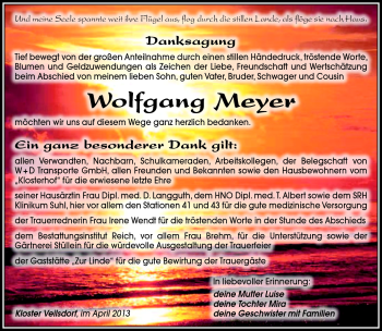 Traueranzeige von Wolfgang Meyer von Südthüringer Presse