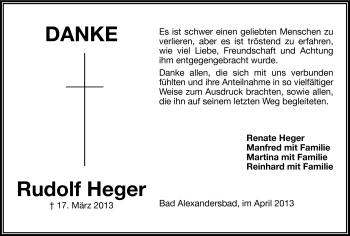 Traueranzeige von Rudolf Heger von Frankenpost