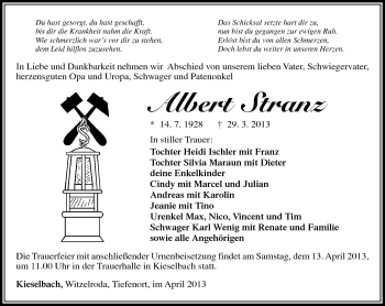Traueranzeige von Albert Stranz von Südthüringer Presse