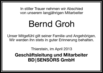 Traueranzeige von Bernd Groh von Frankenpost