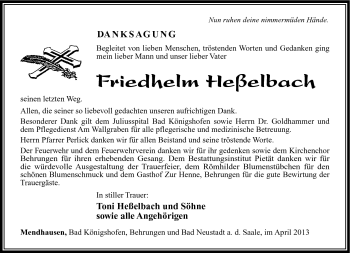Traueranzeige von Friedhelm Heßelbach von Südthüringer Presse