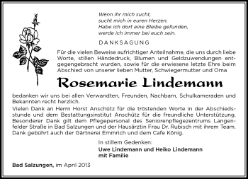 Traueranzeige von Rosemarie Lindemann von Südthüringer Presse