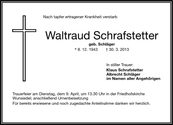 Traueranzeige von Waltraud Schrafstetter von Frankenpost