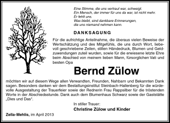 Traueranzeige von Bernd Zülow von Südthüringer Presse
